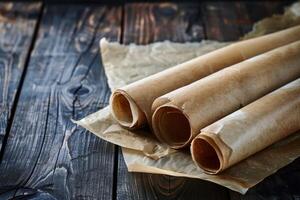 Rolls of baking paper resting on rustic wooden table photo