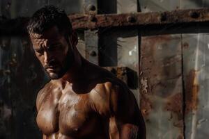 Muscular man sweating and posing in industrial setting photo