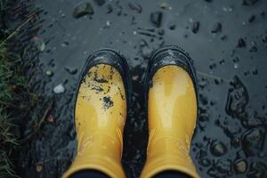 Yellow rubber boots standing in a mud puddle after rain photo