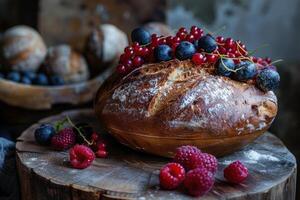 Freshly baked round loaf of bread decorated with berries on rustic wooden surface photo