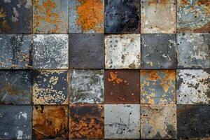 Rusty metal tiles showing corrosion creating abstract pattern photo