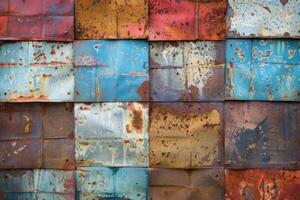 Colorful rusty metal panels showing signs of ageing creating an abstract pattern photo