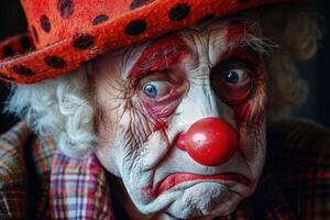 Senior clown showing a sad face expression while wearing a red nose and hat photo