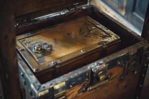 Old strongbox containing smaller metal box with visible locking mechanisms photo