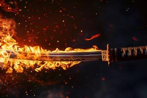 Katana burning in flames with sparks on dark background photo