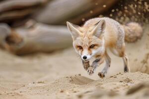 Red fox running fast on sand in natural environment photo