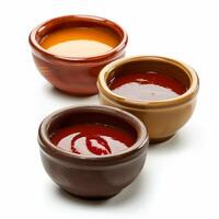 Three ceramic bowls containing different sauces on white background photo