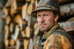 Logger wearing protective helmet and overalls posing in front of logs photo