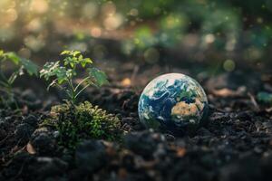 Small plant growing near earth globe in fertile soil during sunset promoting environmental conservation photo