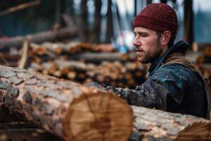 Logger arranging cut pine tree trunks in forest photo
