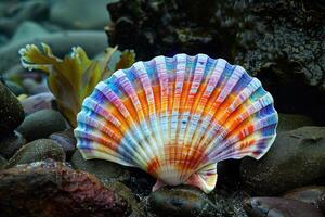 Colorful scallop shell resting on wet rocks in a tide pool photo