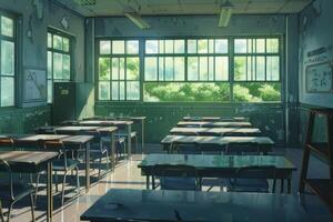 Sunlight shining into empty classroom with desks and chairs photo