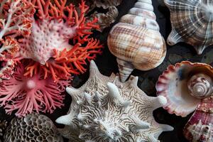 Composition of various seashells, starfish, and coral creating intriguing textures photo
