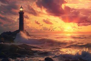 Lighthouse guiding ships home during sunset with dramatic sky and birds flying photo
