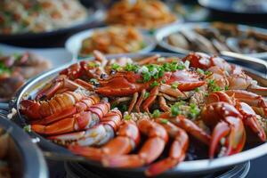 Steamed crabs and seafood delighting customers at a buffet restaurant photo
