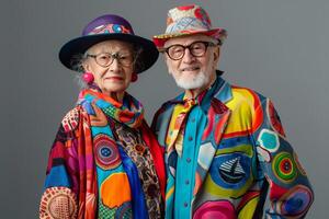 Senior couple wearing colorful clothes and hats smiling at the camera photo