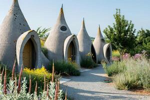 Cone shaped concrete cabins creating a unique lodging experience photo