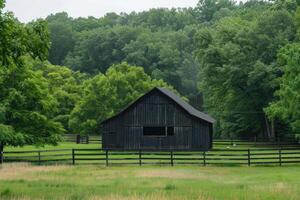 Black barn standing in green field with lush trees in background photo