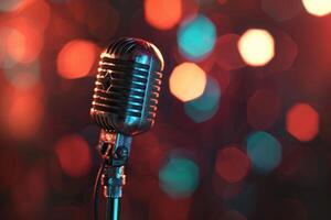 Vintage microphone on stage with colorful bokeh lights photo