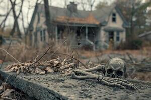 Skeleton resting on gravestone in front of abandoned house photo