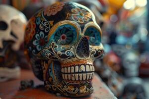 A colorful skull sitting on a table with other skulls photo