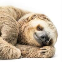 Sleeping sloth curled up and smiling peacefully on white background photo