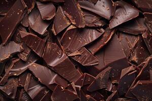 Delicious dark chocolate chunks covering entire image area, creating appealing background photo