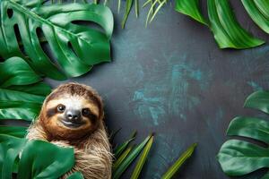 Smiling sloth relaxing in lush tropical greenery with copy space photo