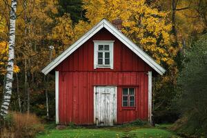 Red wooden cabin standing in the middle of colorful autumn forest photo