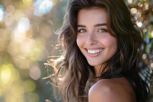 Beautiful smiling model posing outdoors with bokeh background photo
