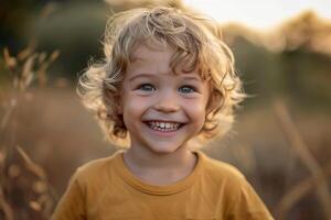 Portrait of smiling blond child in nature at golden hour photo