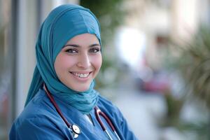 Muslim female doctor smiling with stethoscope and hijab photo