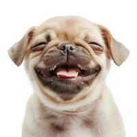 Adorable pug puppy smiling with closed eyes on white background photo