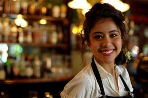 Bartender smiling in a bar with blurred bottles in background photo
