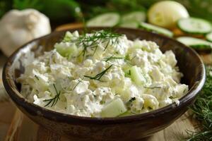 Creamy cucumber salad with fresh dill in rustic bowl photo