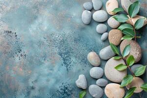 Spa stones and plant branch creating relaxing background on textured surface photo