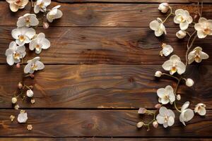 White orchid flowers branches lying on rustic wooden background photo