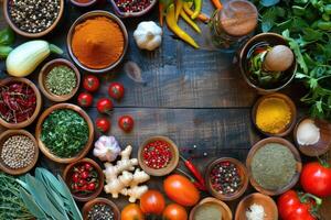 Colorful spices, herbs, vegetables and ingredients creating frame on rustic wooden table photo