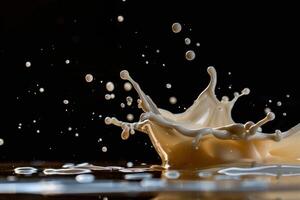 Milk splashing and creating a crown shape on black background photo