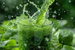 Green smoothie pouring into glass with spinach leaves, healthy and refreshing drink photo