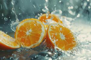 Orange slices splashing in water, creating refreshing citrus delight photo