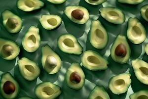 Freshly cut avocados arranged on green background, creating visually appealing pattern photo