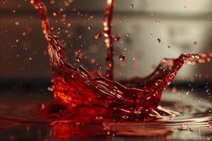 Red liquid splashing and making crown shape with drops photo