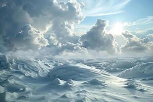 Sunlight shining through dramatic clouds over snowy landscape photo