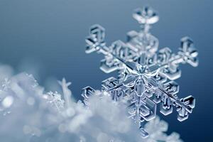 Close up macro of snowflake showing delicate ice crystals forming unique winter pattern photo