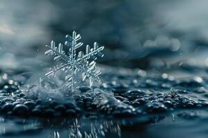 Intricate snowflake gently melting on frozen surface with dreamlike bokeh photo