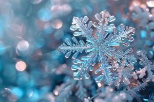 Close up macro photograph of snowflake showing intricate ice crystal structure photo