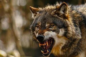 Eurasian wolf showing teeth and snarling in the forest photo