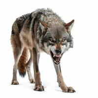 Aggressive grey wolf snarling and showing teeth on white background photo