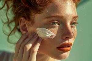 Redhead model applying moisturizing cream on face for skincare routine photo